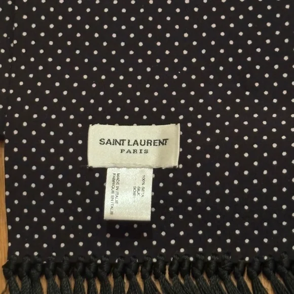 SAINT LAURENT - 100% SILK BLACK & WHITE POLKA DOT FRINGE SCARF - Picture 8 of 10